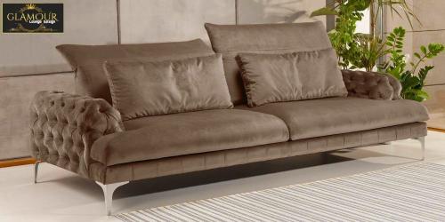 Lounge Sofa Designer Couch modern " GLAMOUR " Choco braun Samt Velour Stoff Polstermöbel robust 214 x 127 cm Royal Orient pompös Chester Luxus Gala Style