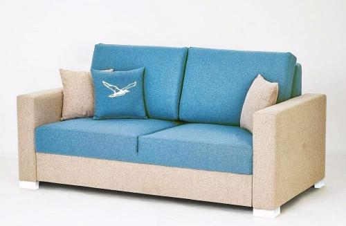 Landhaus Sofa Maritim blau & Sand beige Möwen Emblem Lounge Couch modern Marine Klassik Massivholz Gestell Stoff B1 Level Norden Küsten Meer Style Nordsee Ostsee Landhausstil