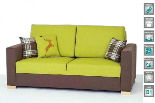 Landhaus Sofa grün braun kariert Lounge Couch mit Hirsch Emblem Alpen Trend modern Massivholz Gestell Stoff B1 Level Mountain Scene Look Lifestyle Landhausstil