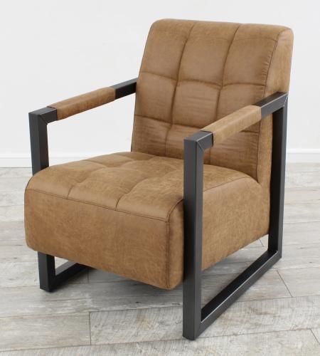Sessel Stuhl Designer "Borkum" Vintage (Kunstleder) für Möbel mit Nachahmung natürlicher Maserung, Knistern-Effekt Farbe mittelbraun Metall Fuß