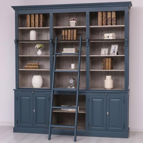 Bücherregal XXL Bücherschrank Massivholz große Bibliothek Bücherwand mit Leiter "PS321 BERN" blau - grau lackiert & gebürstet klassischer Landhausstil