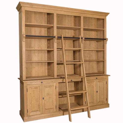 Bücherregal XXL Bücherschrank Massivholz große Bibliothek Bücherwand mit Leiter "PS321 BERN" hell braun gewachst klassischer Landhausstil