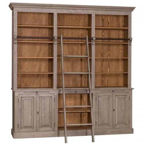 Bücherregal XXL Bücherschrank Massivholz große Bibliothek Bücherwand mit Leiter "PS321 BERN" grau - braun lackiert & gebürstet klassischer Landhausstil Vintage
