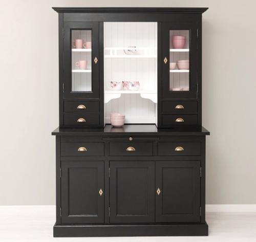 Landhaus Buffet Vitrine Küchenbuffet schwarz - weiß lackiert Massivholz Vitrinenschrank Esszimmerschrank Landhausstil Küchen Schrank Köln Nostalgie Vintage Shabby Chic