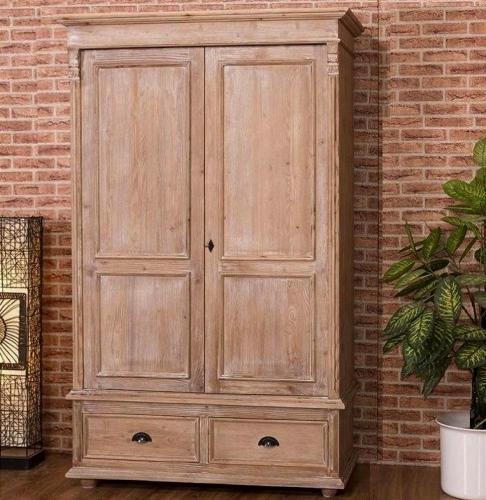 Preview: Landhaus Kleiderschrank Dielenschrank Flur Garderoben Schrank Garderobenschrank Murnau Fichte massiv Holz braun lackiert & gebürstet Landhausstil Massivholz Vintage Shabby Chic