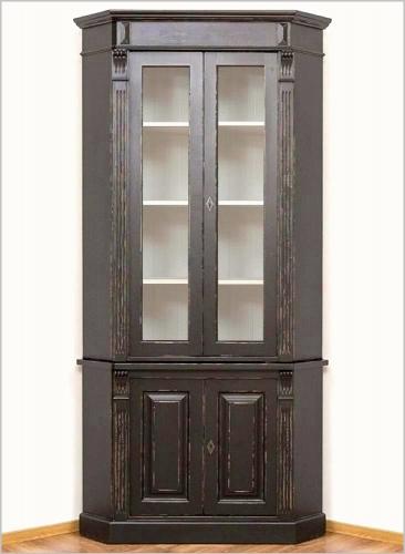 Eckvitrine Eck Vitrinenschrank Landhaus Glasvitrine Buffet Schrank Serie " Wien " PS59Bas/Sup Fichte Massivholz weiß - schwarz Antik lackiert Landhausstil Shabby Chic Vintage Gründerstil
