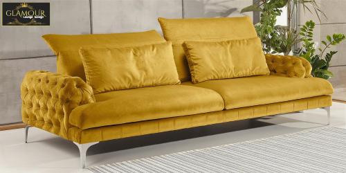 Lounge Sofa Designer Couch modern " GLAMOUR " Senf gelb Samt Velour Stoff Polstermöbel robust 214 x 127 cm Royal Orient pompös Chester Luxus Gala Style
