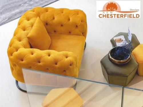 Lounge Sessel modern New Chesterfield Designer Polstermöbel Senf gelb - Mostaza 03 Samt Velour Stoff robust 110 x 132cm elegant mit Kufengestell