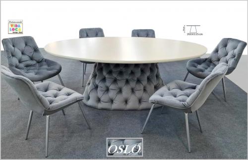 Ovaler Esstisch gepolstert Samt grau Chesterfield Design Esszimmertisch Tisch Küchentisch 200x115 cm Serie Oslo Trapez Körper Form dark gray
