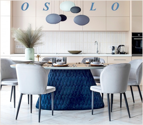 Ovaler Esstisch gepolstert Samt tief blau Stick Design Esszimmertisch Tisch Küchentisch 200x115 cm Serie Oslo Trapez Körper Form deep blue Matlas