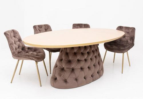 Preview: Ovaler Esstisch gepolstert Samt Choco braun Chesterfield Design Esszimmertisch Tisch Küchentisch 220x115 cm Serie Oslo Trapez Körper Form Chocolate