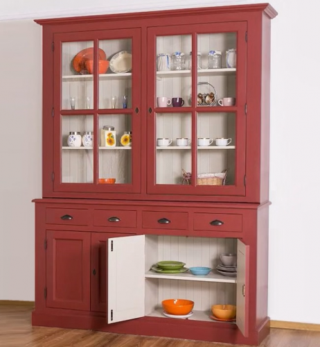 Vitrine Massivholz Buffet Landhaus Vitrinenschrank groß Buffetschrank Küchenbuffet Kiel XL PS165 Bordeaux rot - weiß lackiert Landhausstil Vintage