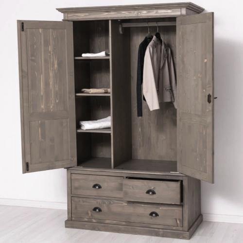 Preview: Landhaus Kleiderschrank Massivholz Dielenschrank Garderobenschrank Schrank Jonas PS127 2-trg. XL groß grau braun lackiert & gebürstet Landhausstil Klassik modern