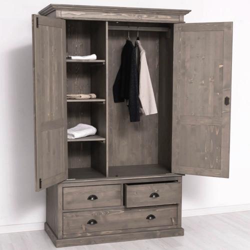 Preview: Landhaus Kleiderschrank Massivholz Dielenschrank Garderobenschrank Schrank Jonas PS127 2-trg. XL groß grau braun lackiert & gebürstet Landhausstil Klassik modern