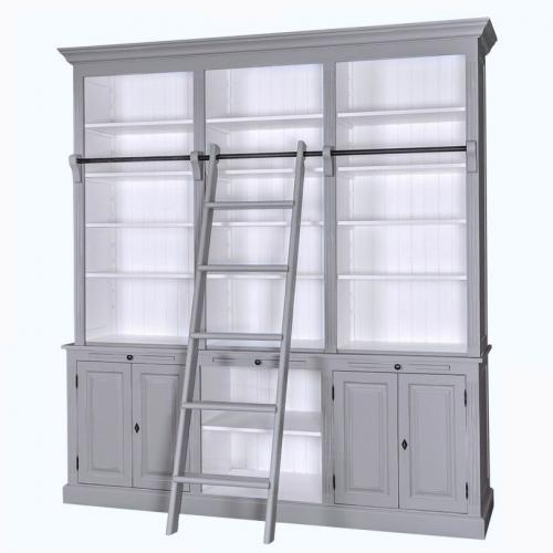 Bücherregal XXL Bücherschrank Massivholz große Bibliothek Bücherwand mit Leiter "PS321 BERN" Nude gray - weiß lackiert klassischer Landhausstil Vintage