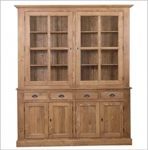 Vitrine Massivholz Buffet Landhaus Vitrinenschrank groß Buffetschrank Küchenbuffet Kiel XL PS165 dunkel braun gewachst Landhausstil Vintage