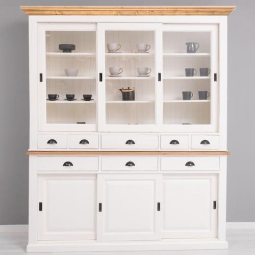 Landhaus Vitrine Buffet groß Massivholz XXL Esszimmerschrank Vitrinenschrank Schwerin PS173+174 weiß - braun lackiert & gewachst Landhausstil Klassik Schiebetüren