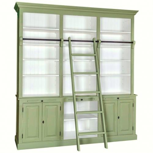 Bücherregal XXL Bücherschrank Massivholz große Bibliothek Bücherwand mit Leiter "PS321 BERN" Nostalgie grün Antik - weiß lackiert klassischer Landhausstil Vintage Shabby Chic