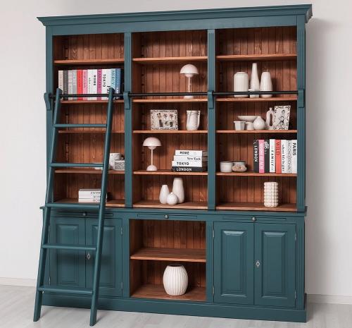Bücherregal XXL Bücherschrank Massivholz große Bibliothek Bücherwand mit Leiter "PS321 BERN" Petrol blau grün - Kolonial braun lackiert klassischer Landhausstil