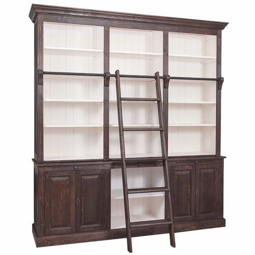 Bücherregal XXL Bücherschrank Massivholz große Bibliothek Bücherwand mit Leiter "PS321 BERN" braun - weiß lackiert & gebürstet klassischer Landhausstil Vintage