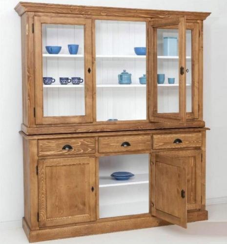 Preview: Landhaus Buffet groß XL Küchenbuffet Vitrinenschrank Buffetschrank Esszimmerschrank München 2 Fichte Massivholz braun weiß  gewachst & lackiert Landhausstil elegant Vintage