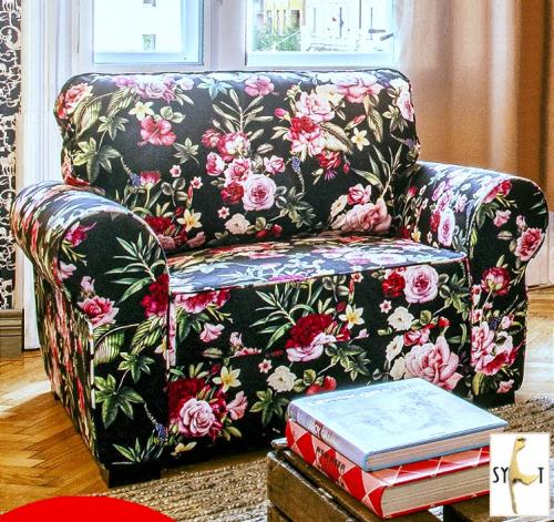 Designer Lounge Sessel modern Serie Sylt 129 x 103 cm Polstersessel  Stoff schwarz mit Rosen Muster elegant mit klassischer Form
