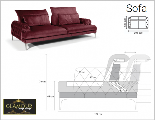 Preview: Lounge Sofa Designer Couch modern " GLAMOUR " Choco braun Samt Velour Stoff Polstermöbel robust 214 x 127 cm Royal Orient pompös Chester Luxus Gala Style