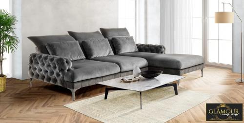 Designer Lounge Sofa dunkel grau großes Familiensofa breites Bigsofa Couch XL " GLAMOUR " Samt Velour Stoff Polstermöbel robust 306 x 172 cm Royal Orient pompös Chester Luxus Gala Style