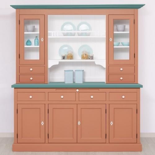 Landhaus Buffet groß Vitrine XL Terracotta braun - Jade grün lackiert Massivholz Küchenbuffet Landhausstil Vitrinenschrank Esszimmerschrank Köln II Klassik elegant Nostalgie Vintage Shabby Chic