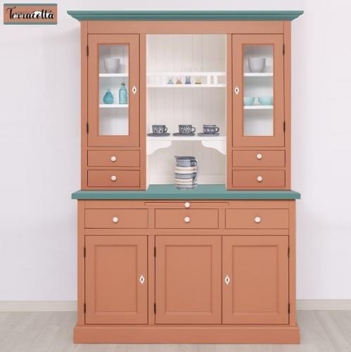Landhaus Buffet Vitrine Küchenbuffet Terracotta braun - Jade grün lackiert Massivholz Vitrinenschrank Esszimmerschrank Landhausstil Küchen Schrank Köln Nostalgie Vintage Shabby Chic