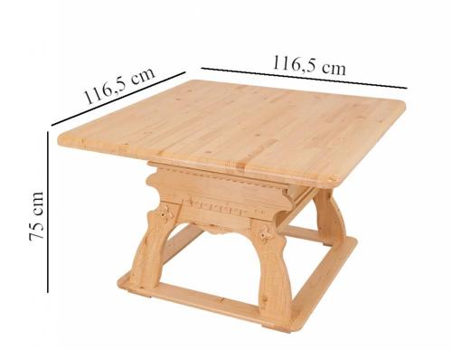 Preview: Landhaus Jogltisch Esstisch Massivholz Ambiente hell lackiert geschnitzt Königsee 117x117cm Fichte voll massiv Landhausstil