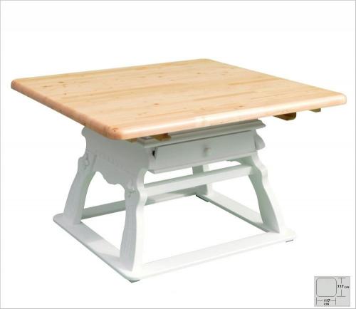 Preview: Landhaus Jogltisch Esstisch Massivholz weiß - braun lackiert geschnitzt Landau 117x117cm Fichte voll massiv Landhausstil