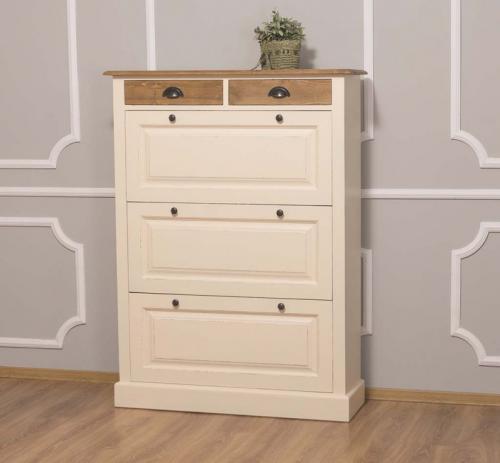 Preview: Große Landhaus Schuhkommode Schuhschrank XL  Hoch Kommode PS415 Schuhregal Fichte Massivholz creme beige Antik - braun lackiert & gewachst Vintage Landhausstil Flurmöbel Garderobe