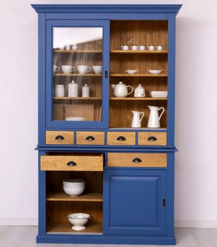 Preview: Landhaus Buffet Vitrine Glas Küchenbuffet Vitrinenschrank Esszimmerschrank Landhaus Küchen Schrank Fürth PS171-172 Fichte massiv Holz blau - braun lackiert & gewachst Landhausstil Vintage