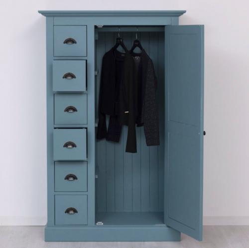 Preview: Niedriger Kleiderschrank Dielenschrank halbhoher Garderobenschrank Mansarden Schrank Paul PS41 1-trg. + 6 Schubladen Fichte massiv Holz Maritim blau lackiert Landhausstil Massivholz Norden Küste