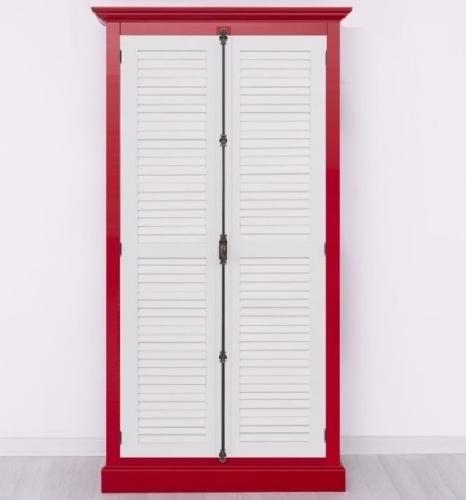 Schmaler Lamellen Kleiderschrank mit Stangenschloss Dielenschrank Garderobenschrank PS616 2-trg. rot - weiß lackiert Massivholz Landhausstil
