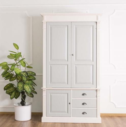 Preview: Landhaus Kleiderschrank Dielenschrank Garderobenschrank Schrank Wien Gründerstil PS491 3-trg. XL groß Massivholz weiß - grau lackiert Drehtürenschrank Landhausstil Klassik elegant Massivholz Vintage Shabby Chic