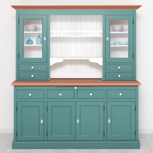 Landhaus Buffet groß Vitrine XL Jade grün - Terra braun - weiß lackiert Massivholz Küchenbuffet Landhausstil Vitrinenschrank Esszimmerschrank Köln II Klassik elegant Nostalgie Vintage Shabby Chic