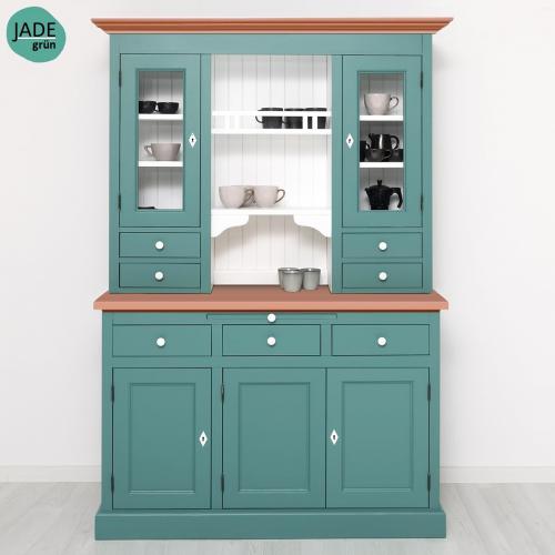 Landhaus Buffet Vitrine Küchenbuffet Jade grün - Terra braun - weiß lackiert Massivholz Vitrinenschrank Esszimmerschrank Landhausstil Küchen Schrank Köln Nostalgie Vintage Shabby Chic