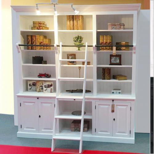 Bücherregal XXL Bücherschrank Massivholz große Bibliothek Bücherwand mit Leiter "PS321 BERN" Uni weiß oder Uni schwarz lackiert klassischer Landhausstil