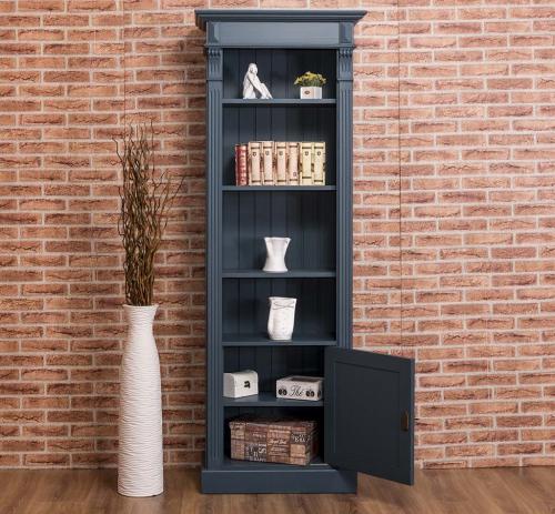 Preview: Schmales Landhaus Bücherregal Wandregal Hoch Regal Bibliothek Bücher Schrank PS176 Wien Fichte massiv Holz Nude dunkel blau lackiert klassisch elegant Stilmöbel Landhausstil Lack