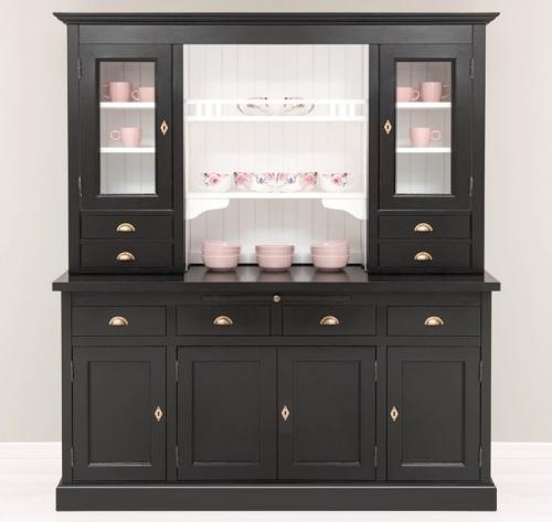 Landhaus Buffet groß Vitrine XL schwarz - weiß lackiert Massivholz Küchenbuffet Landhausstil Vitrinenschrank Esszimmerschrank Köln II Klassik elegant Nostalgie Vintage Shabby Chic