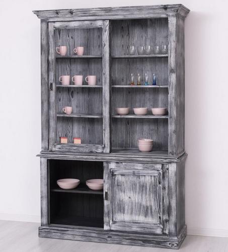 Preview: Landhaus Buffet Vitrine Glas großes Küchenbuffet Vitrinenschrank XL Esszimmerschrank Küchen Schrank PS 597 Hannover Fichte massiv Holz anthrazit grau lackiert & gebürstet Massivholz Vintage Shabby Chic Look