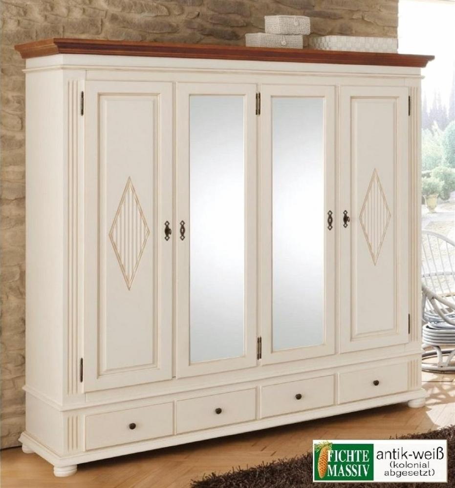 Kleiderschrank Schlafzimmer Spiegel Dielenschrank Zugspitz  4 türig Fichte massiv antik weiß Landhaus