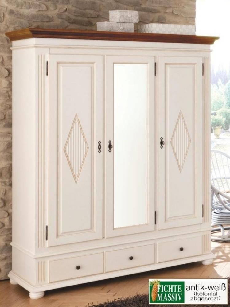 Kleiderschrank Schlafzimmer Spiegel Dielenschrank Zugspitz Fichte massiv weiß Landhaus 3trg.