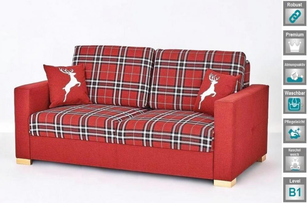 Landhaus Sofa rot weiß kariert Lounge Couch mit Hirsch Emblem Alpen Deluxe Trend modern Massivholz Gestell Stoff B1 Level Mountain Scene Look Lifestyle Landhausstil