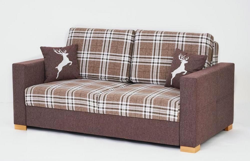 Landhaus Sofa braun weiß kariert Lounge Couch mit Hirsch Emblem Alpen Trend modern Massivholz Gestell Stoff B1 Level Mountain Scene Look Lifestyle Landhausstil